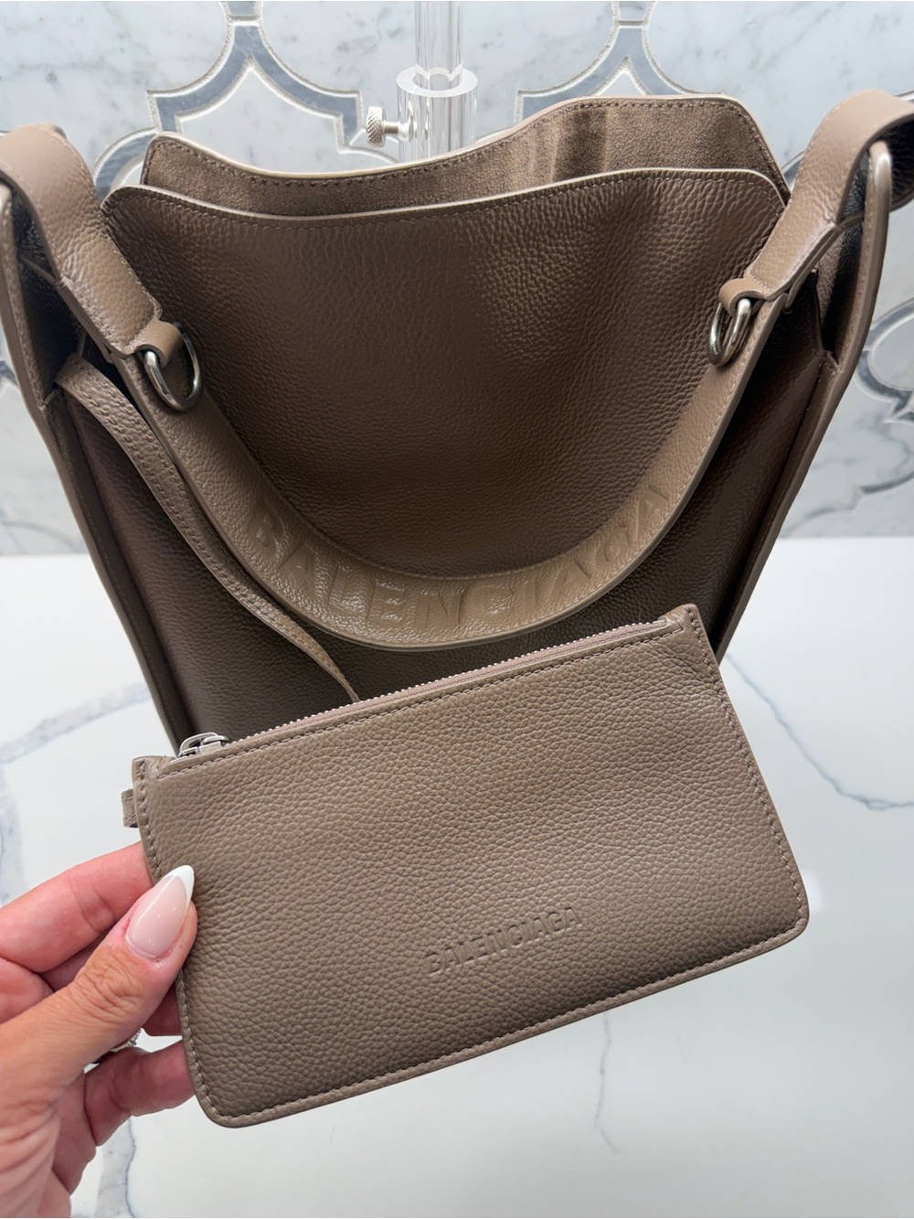 Balenciaga Leather Shoulder Bag with Matching Pouch - Taupe